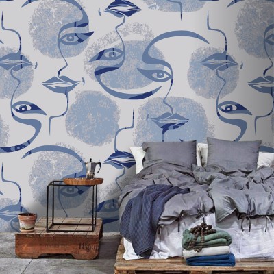 Μπλε σχεδιάγραμμα προσώπων, Line Art, Ταπετσαρίες Τοίχου, 100 x 74 εκ.